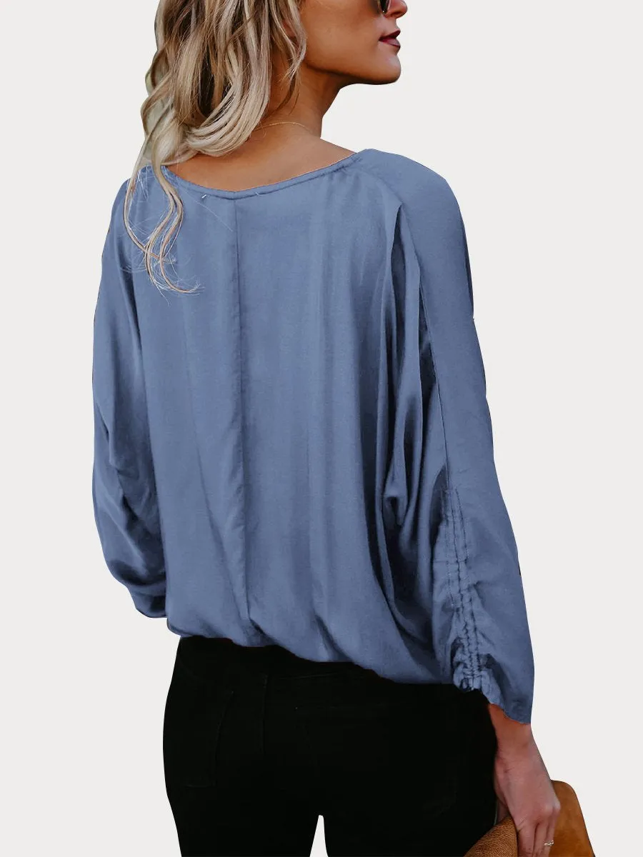 DarkRed Button Down V Neck Casual Blouse