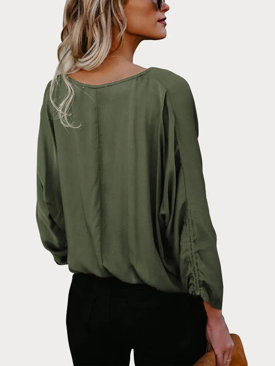 DarkRed Button Down V Neck Casual Blouse