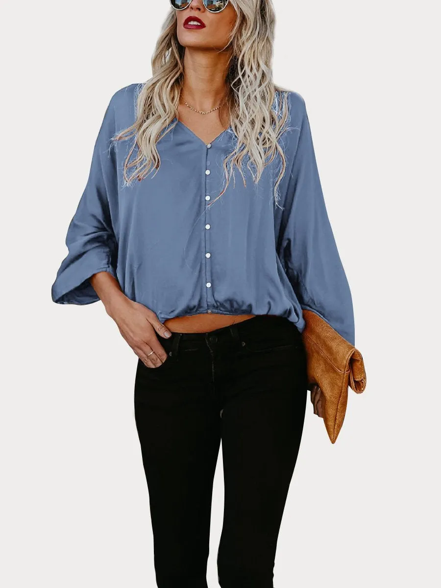 DarkRed Button Down V Neck Casual Blouse
