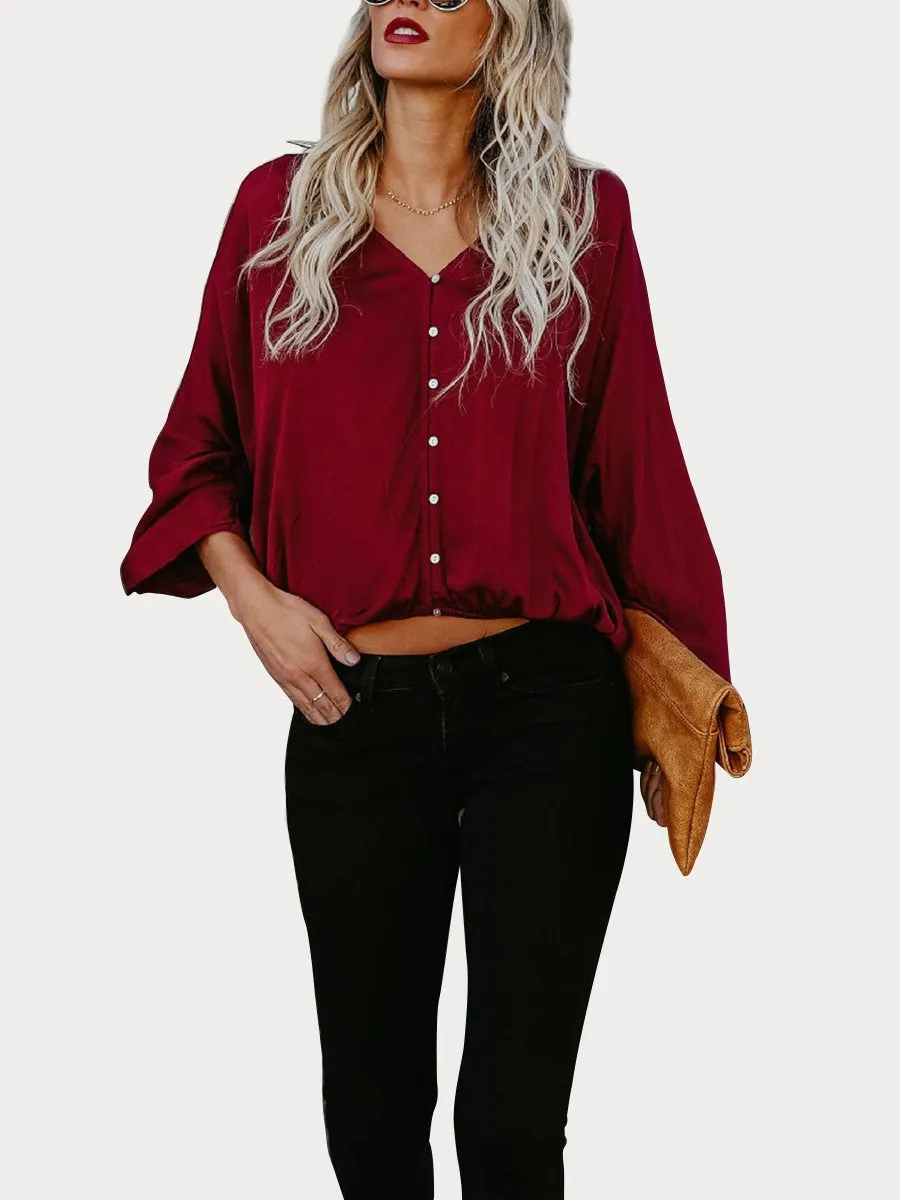 DarkRed Button Down V Neck Casual Blouse