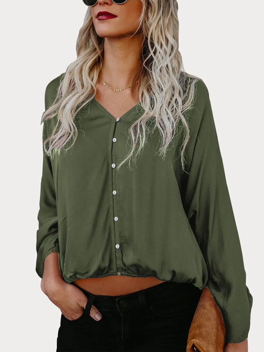 DarkRed Button Down V Neck Casual Blouse
