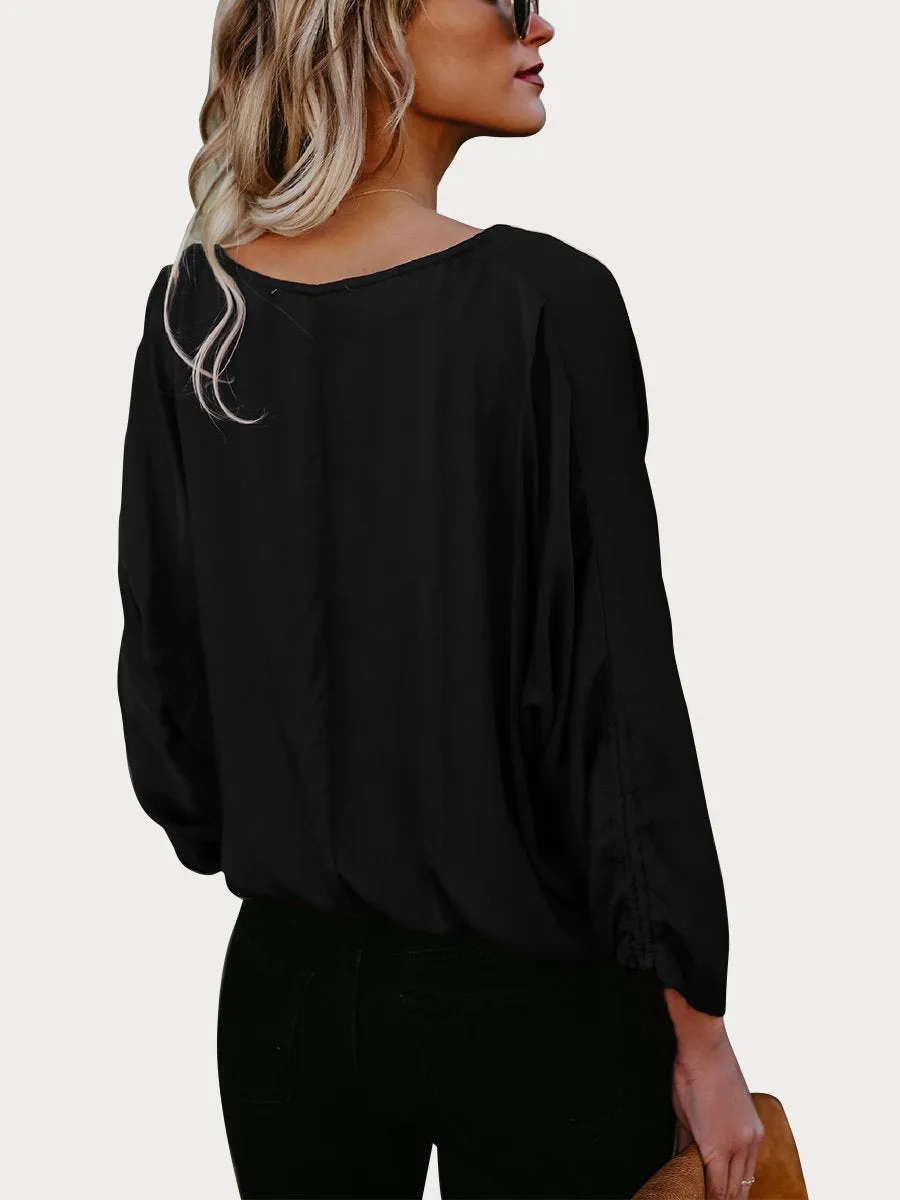 DarkRed Button Down V Neck Casual Blouse