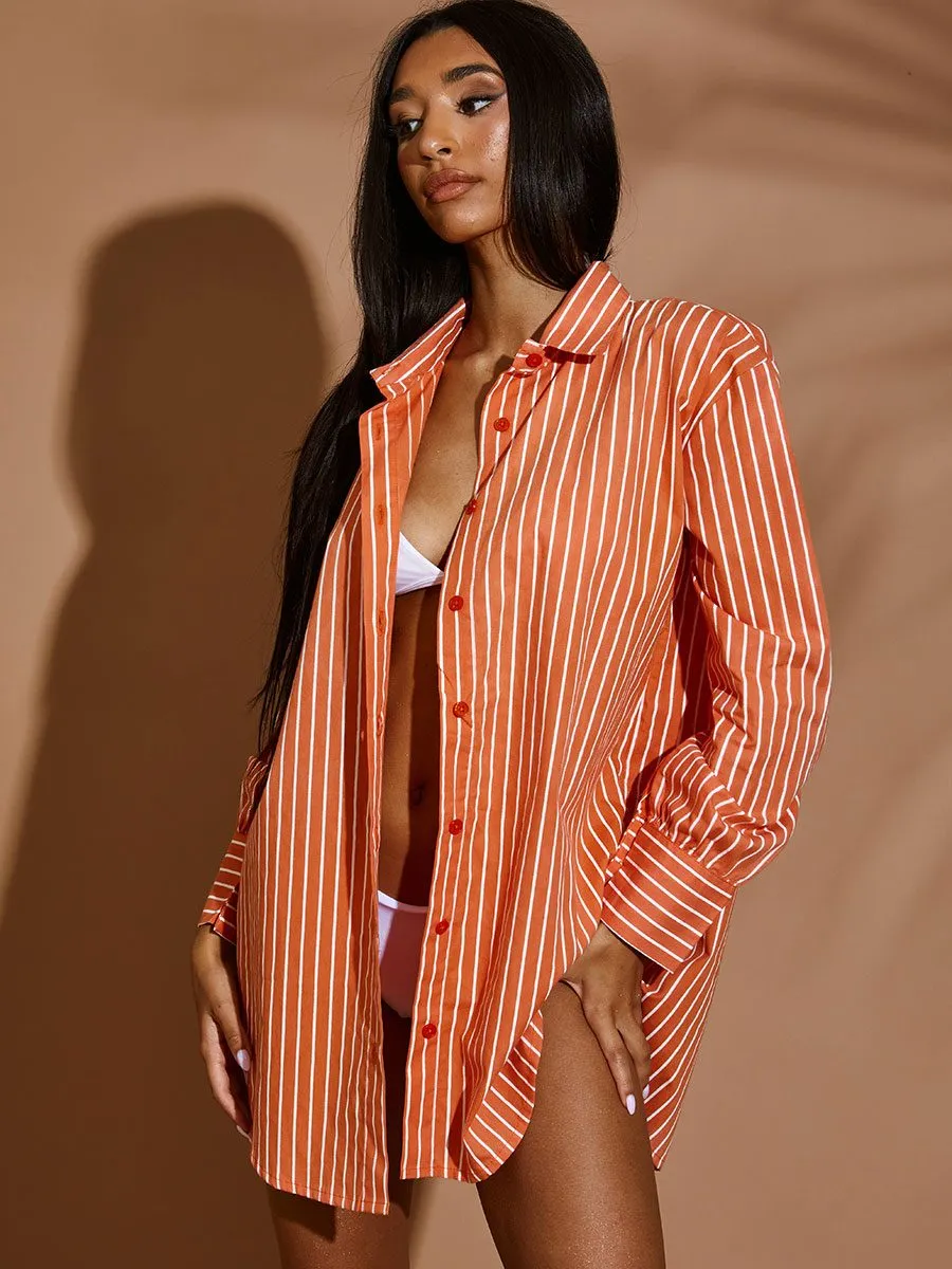 Deanna Oversized Striped Shirt Blouse In Orange