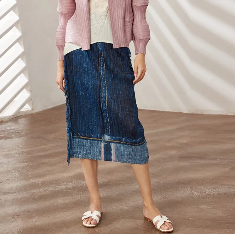 Denim Print Fringe Trim Pleated High Waisted Bodycon Skirt