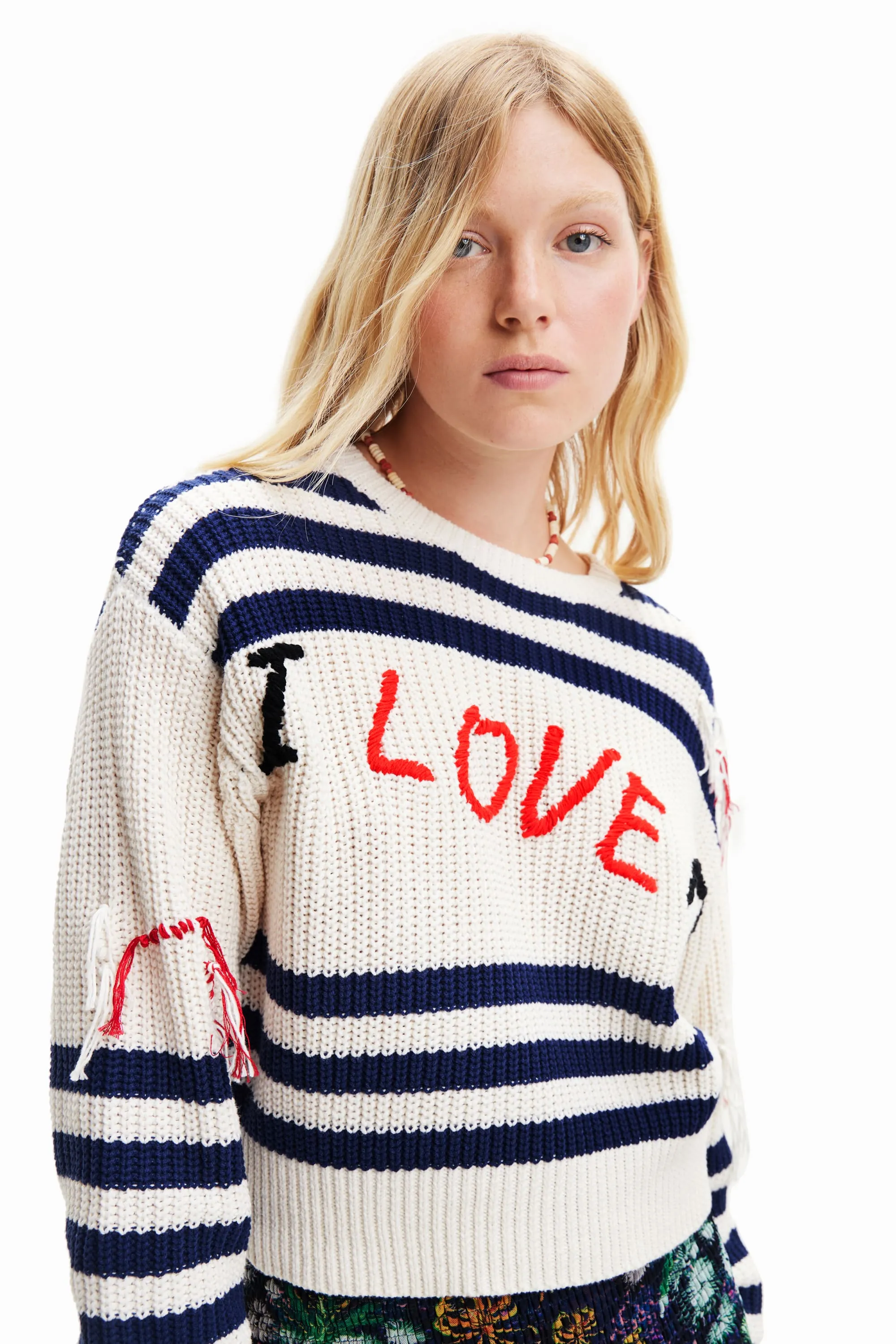 Desigual I Love Me Chunky Knit Slouchy Sweater Blue / Striped 23SWJF38