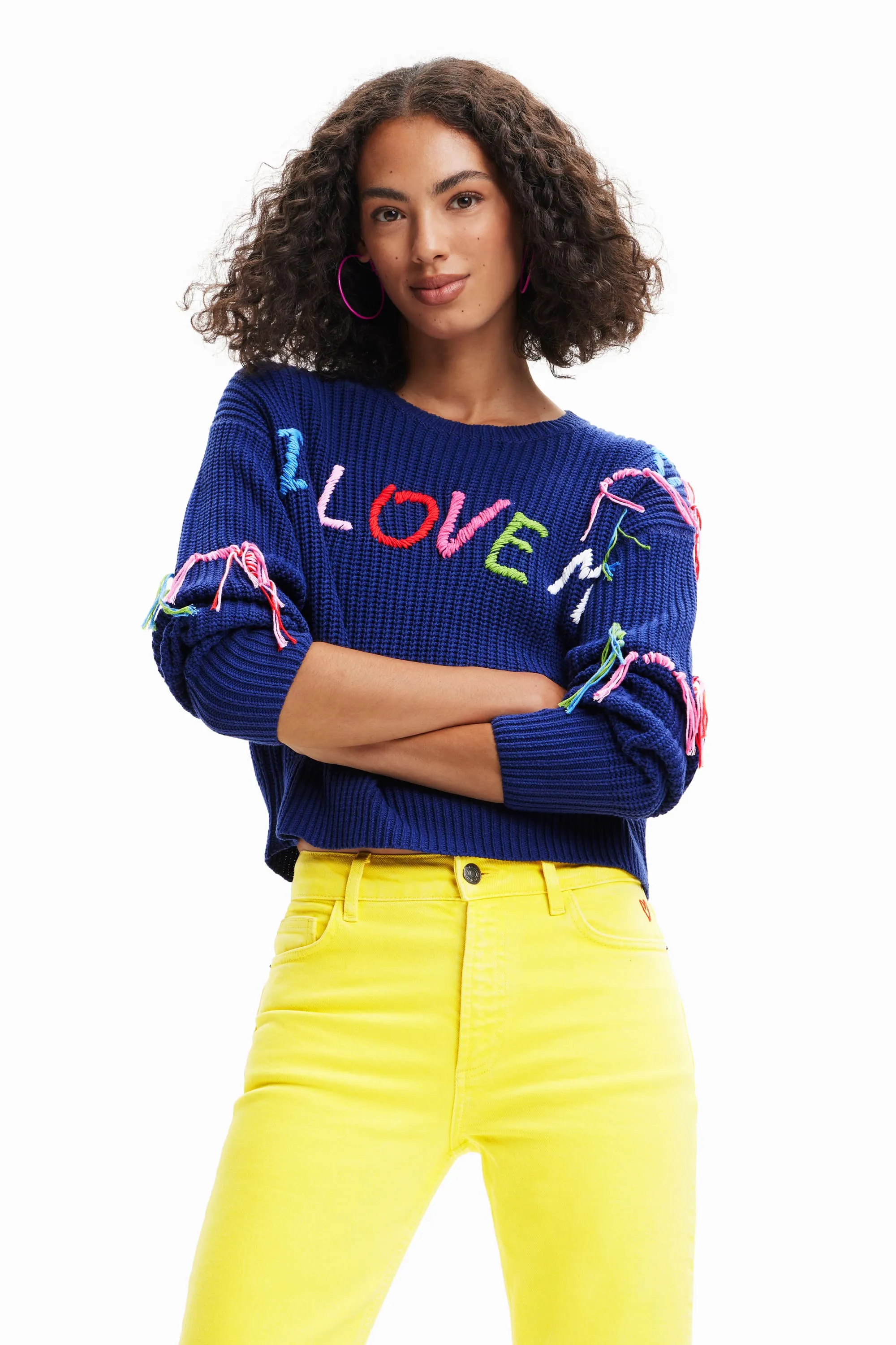 Desigual I Love Me Chunky Knit Slouchy Sweater Blue / Striped 23SWJF38