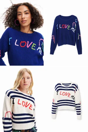 Desigual I Love Me Chunky Knit Slouchy Sweater Blue / Striped 23SWJF38