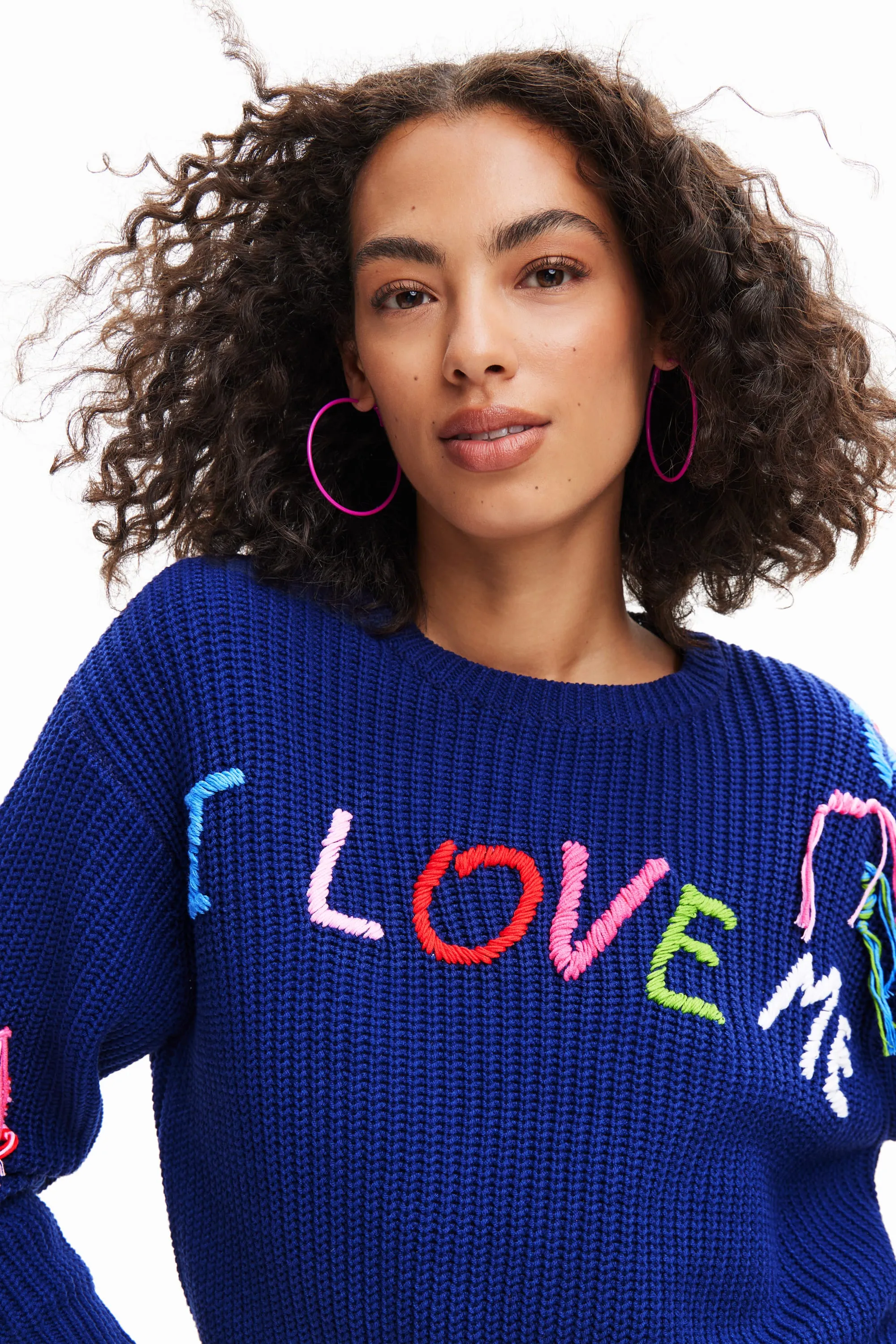 Desigual I Love Me Chunky Knit Slouchy Sweater Blue / Striped 23SWJF38