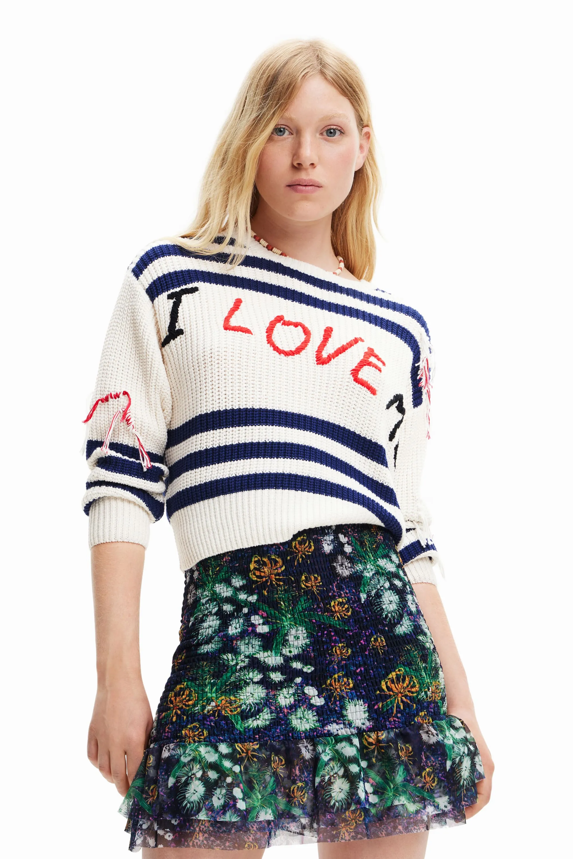 Desigual I Love Me Chunky Knit Slouchy Sweater Blue / Striped 23SWJF38