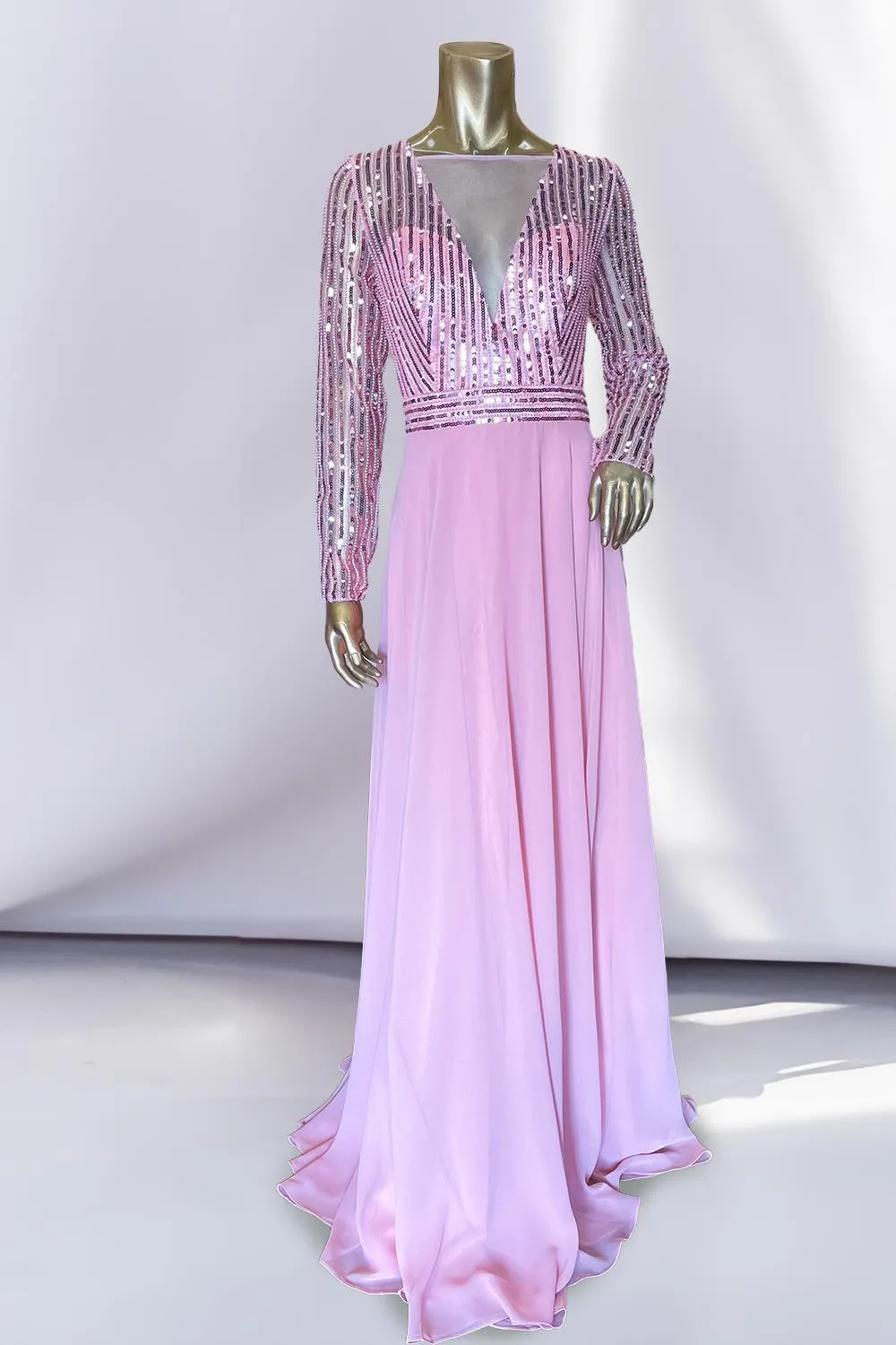 Embellished Sequin Illusion V-Neck Long Mother Of The Bride Dress