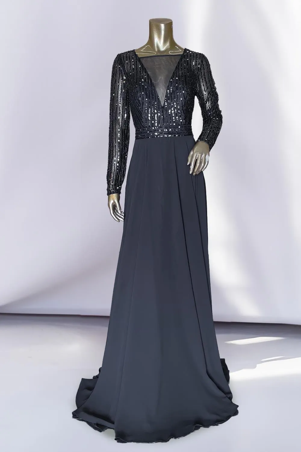 Embellished Sequin Illusion V-Neck Long Mother Of The Bride Dress