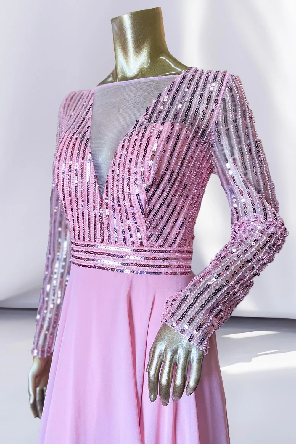 Embellished Sequin Illusion V-Neck Long Mother Of The Bride Dress