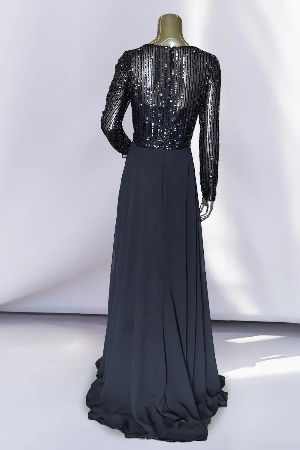 Embellished Sequin Illusion V-Neck Long Mother Of The Bride Dress