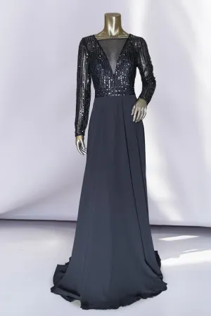 Embellished Sequin Illusion V-Neck Long Mother Of The Bride Dress