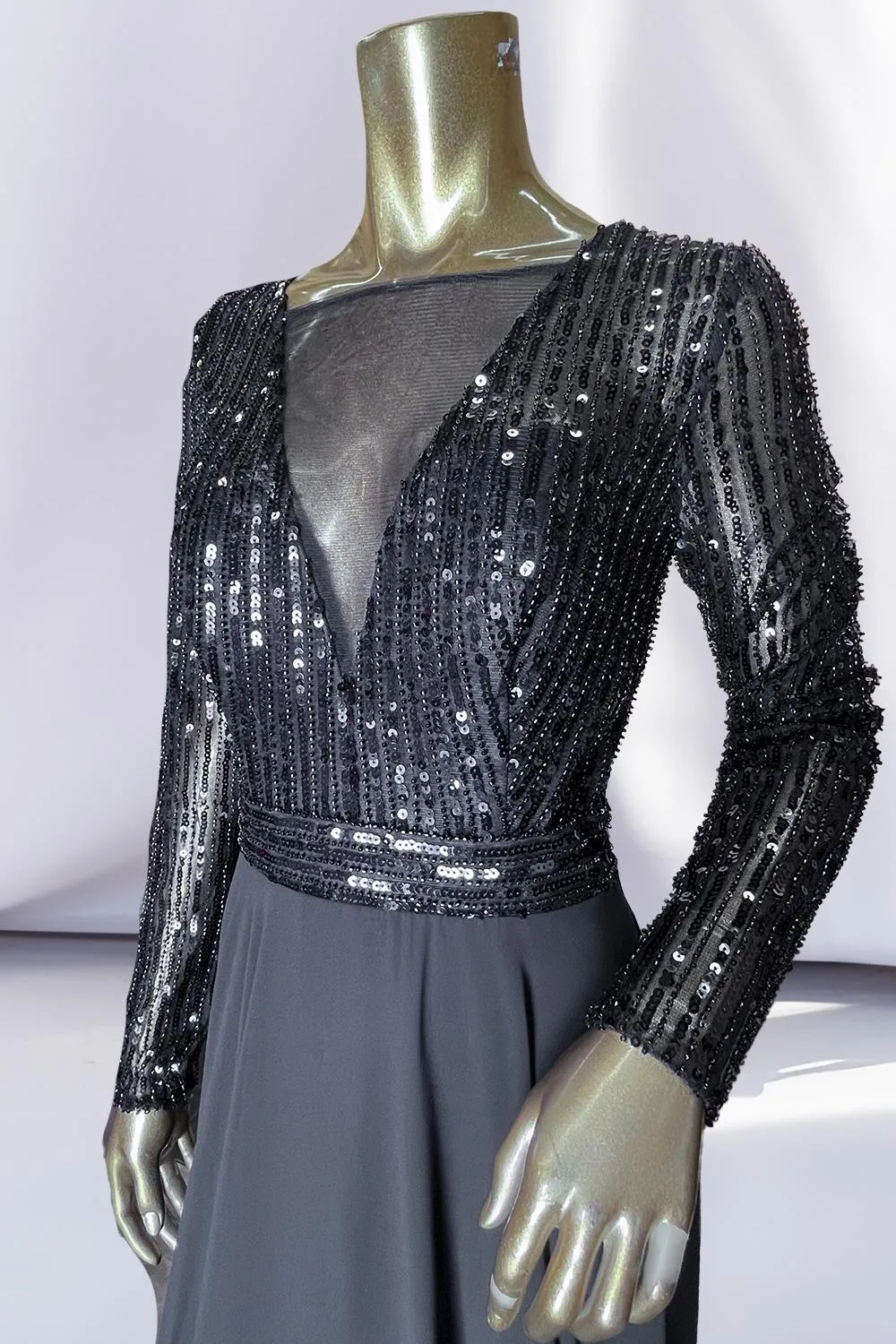 Embellished Sequin Illusion V-Neck Long Mother Of The Bride Dress