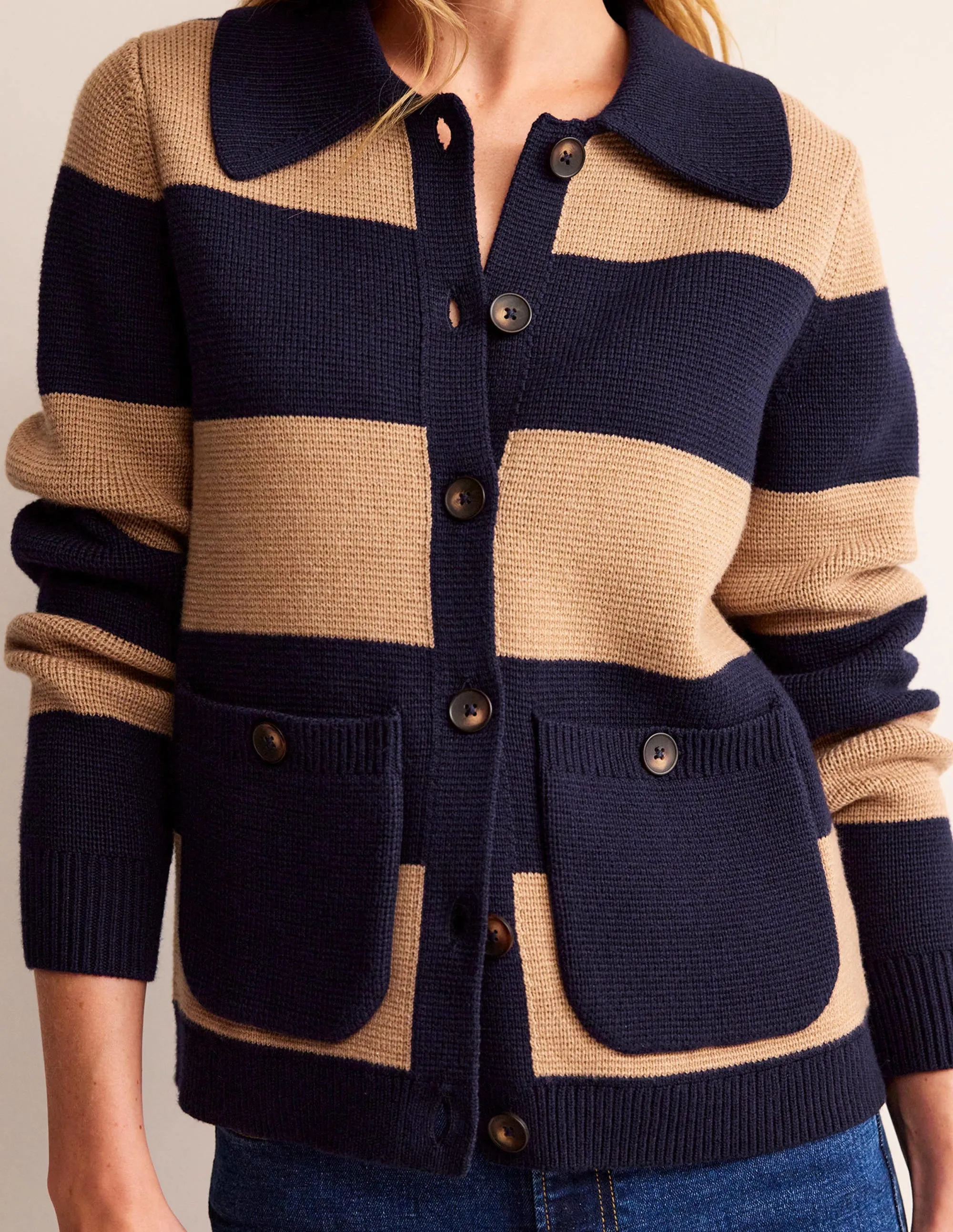 Emily Wool Blend Cardigan-Navy and Camel Melange
