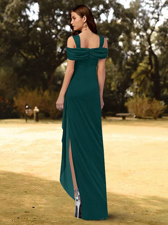 Evening Gown Empire Dress Formal Evening Floor Length Short Sleeve Square Neck Chiffon with Crystals Slit