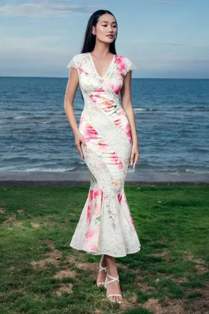 Giuliana Mermaid Cap Sleeved Silk Satin Midi Dress