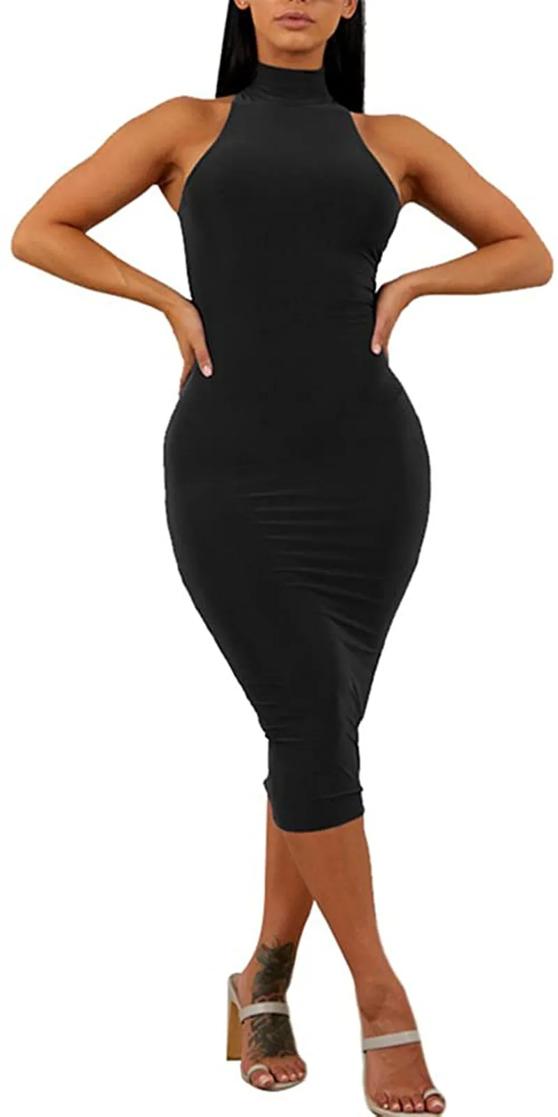 GOBLES Women's Sexy Halter High Neck Elegant Sleeveless Bodycon Midi Club Dress