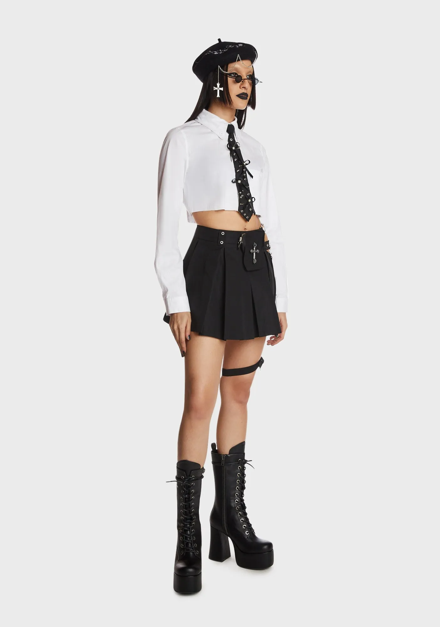 Gothic Rebel Rock Cross Bag Pleated Skirt With Leg Strap