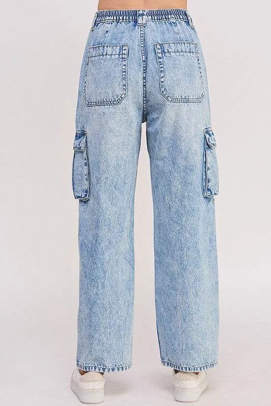 High Waist Baggy Denim Cargo Ankle Length Trousers