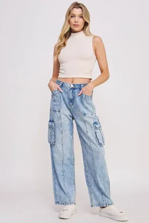 High Waist Baggy Denim Cargo Ankle Length Trousers