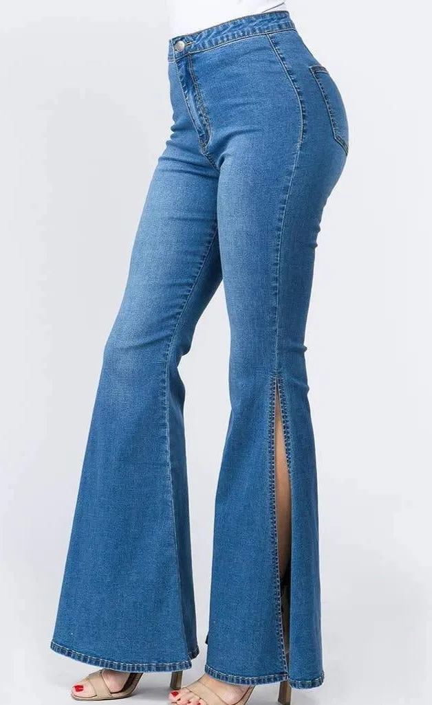 High Waist Bell Bottom Slit  Denim Jeans