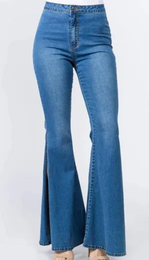 High Waist Bell Bottom Slit  Denim Jeans