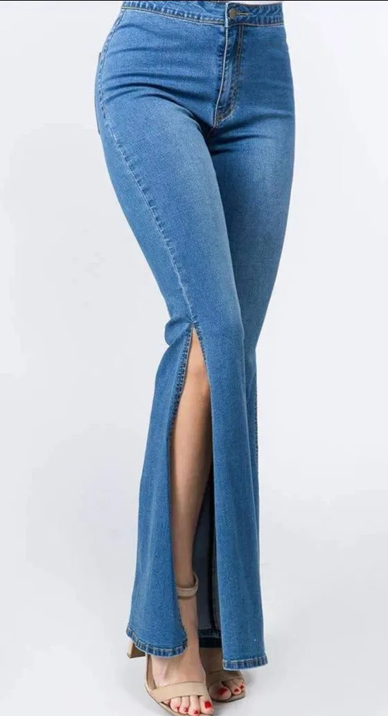High Waist Bell Bottom Slit  Denim Jeans