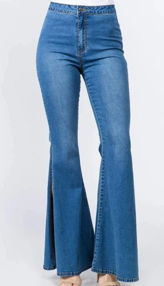 High Waist Bell Bottom Slit  Denim Jeans