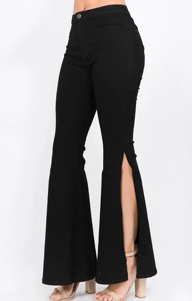 High Waist Bell Bottom Slit  Denim Jeans