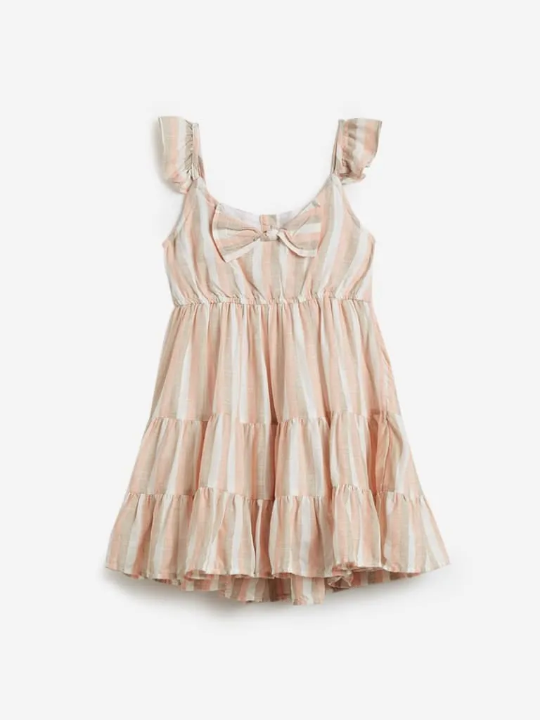 HOP Kids Beige Striped Tiered Dress