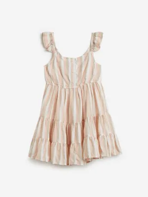 HOP Kids Beige Striped Tiered Dress