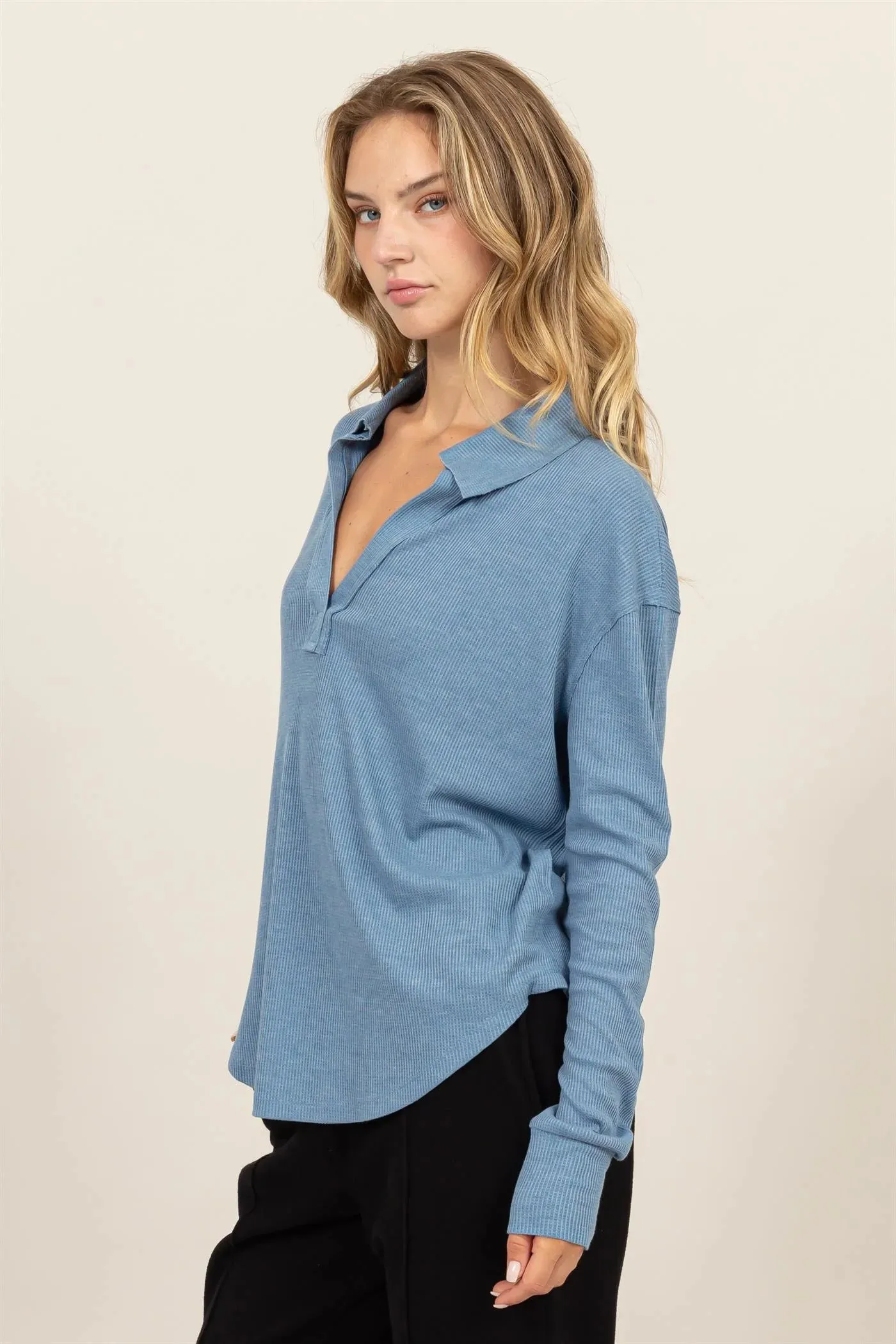 Hyfve Double Zero Ribbed Collar V-Neck Polo Tee In Gray Blue