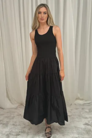 Leona Sleeveless Tiered Midi Dress In Black