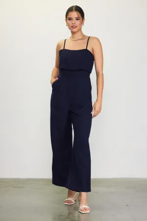 Linen Blend Shoulder Strap Jumpsuit