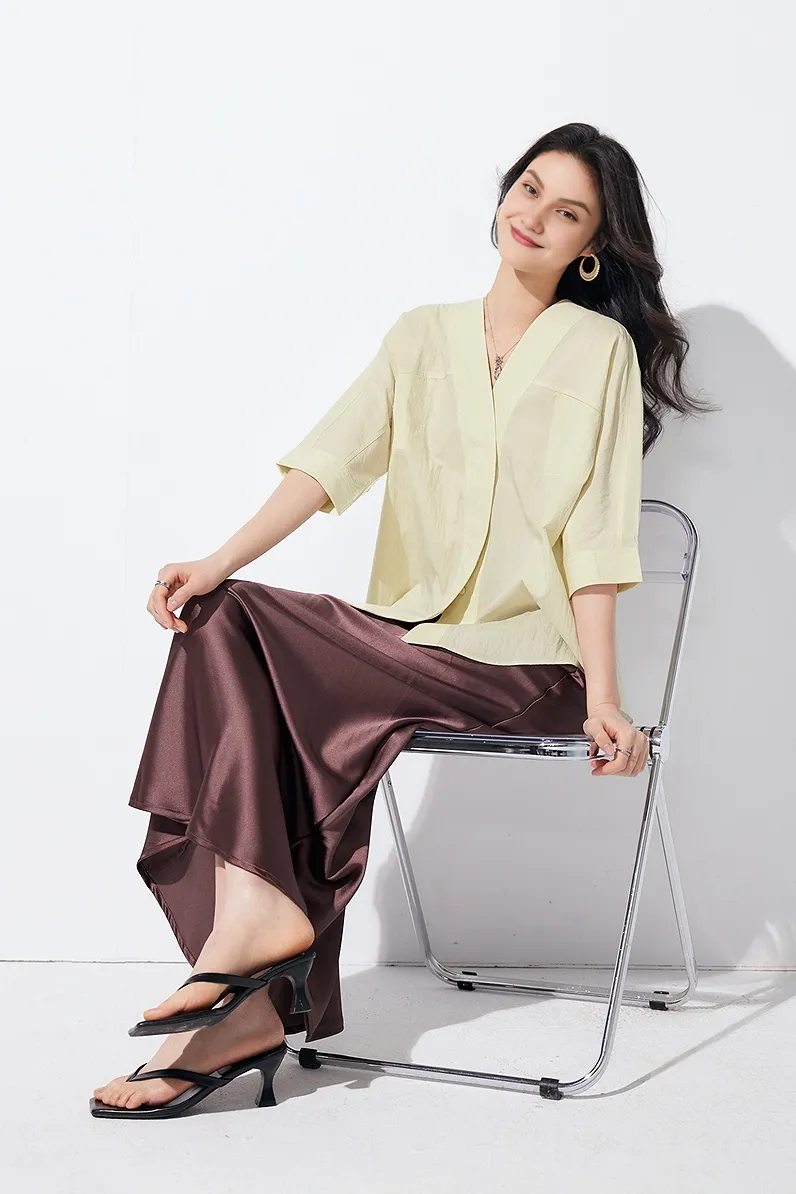 Loose Fit Collarless V Neck T Shirt with Concealed Button Placket