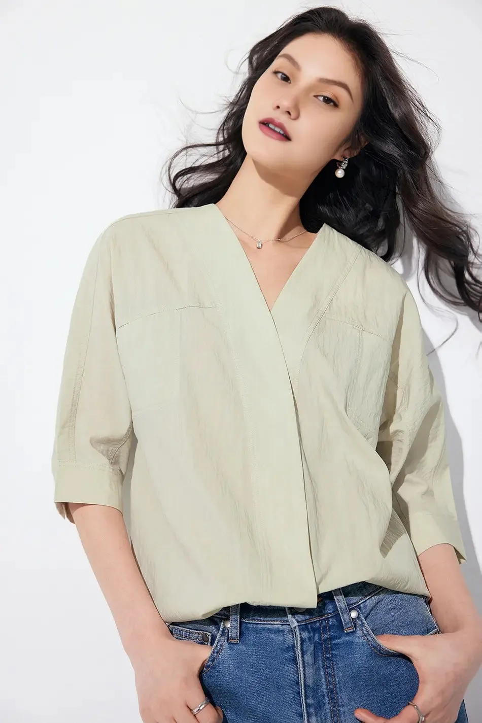Loose Fit Collarless V Neck T Shirt with Concealed Button Placket