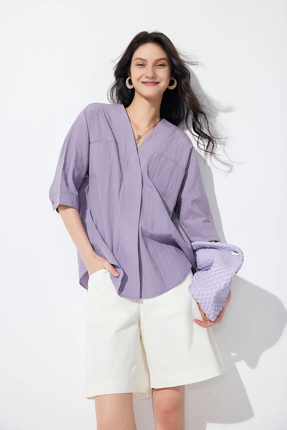 Loose Fit Collarless V Neck T Shirt with Concealed Button Placket