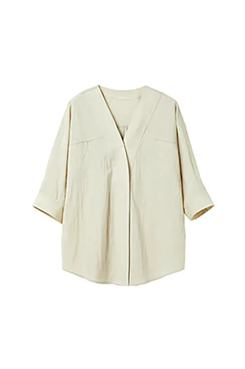 Loose Fit Collarless V Neck T Shirt with Concealed Button Placket