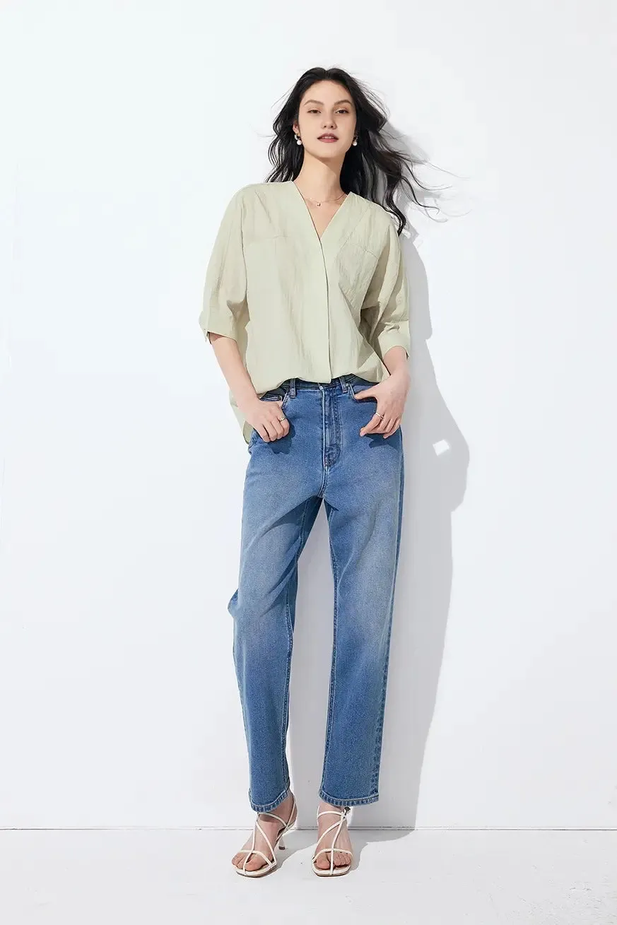 Loose Fit Collarless V Neck T Shirt with Concealed Button Placket