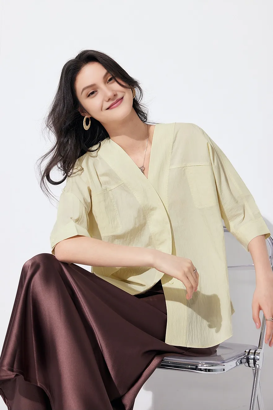 Loose Fit Collarless V Neck T Shirt with Concealed Button Placket