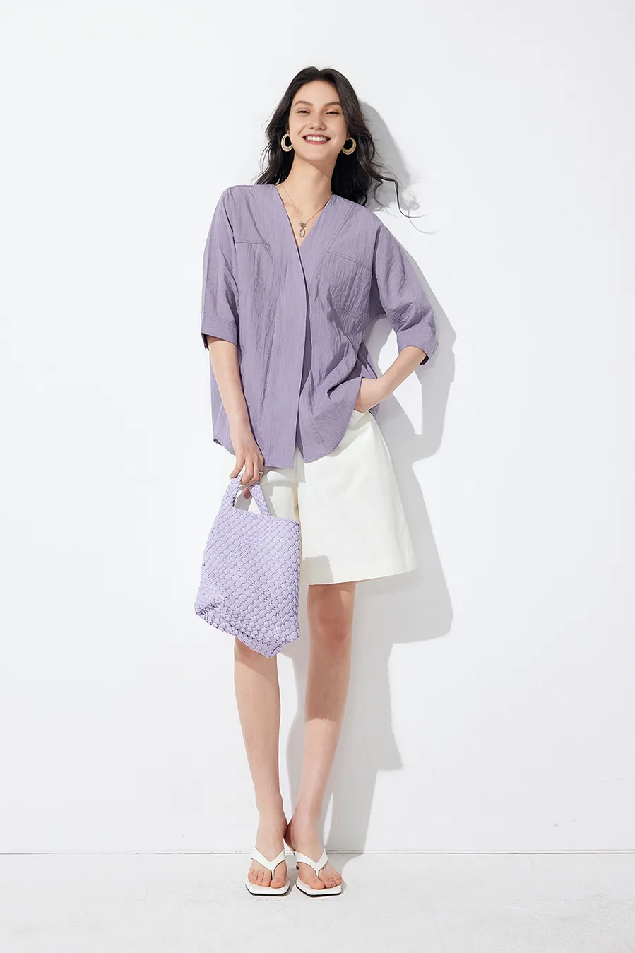 Loose Fit Collarless V Neck T Shirt with Concealed Button Placket