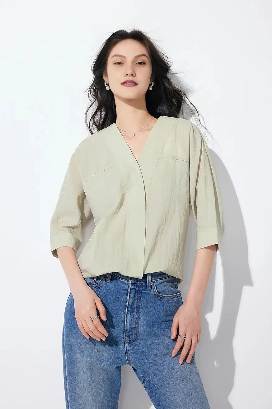 Loose Fit Collarless V Neck T Shirt with Concealed Button Placket