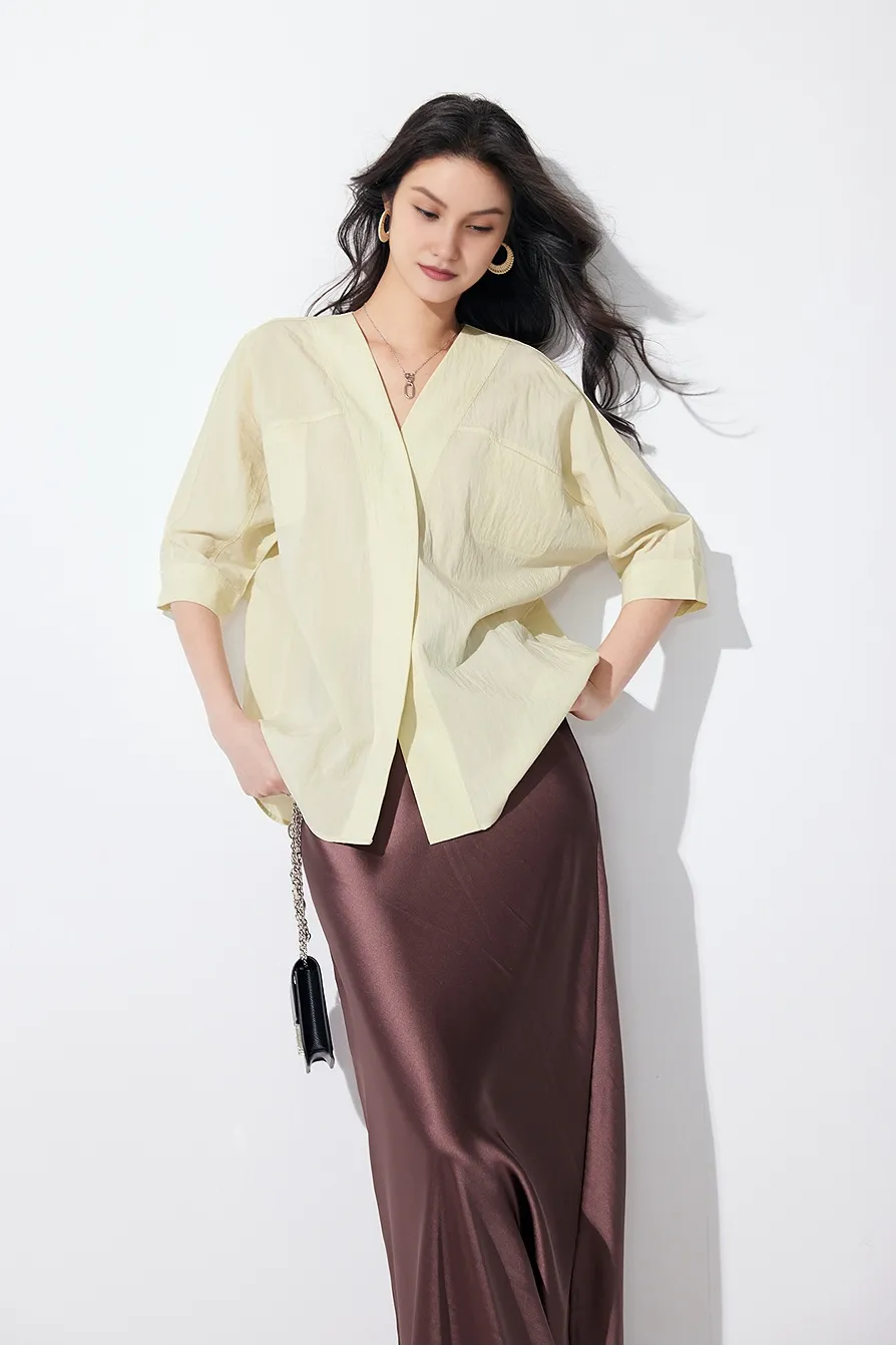 Loose Fit Collarless V Neck T Shirt with Concealed Button Placket
