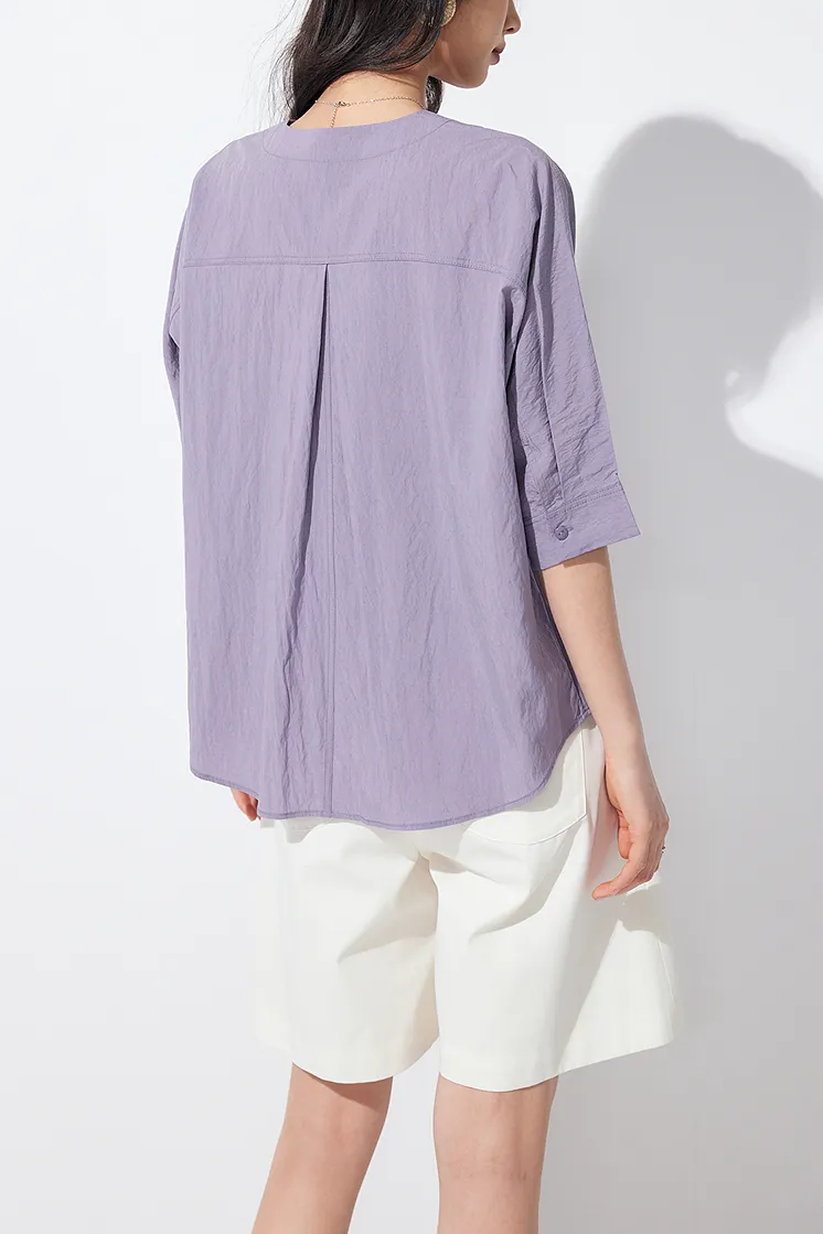 Loose Fit Collarless V Neck T Shirt with Concealed Button Placket
