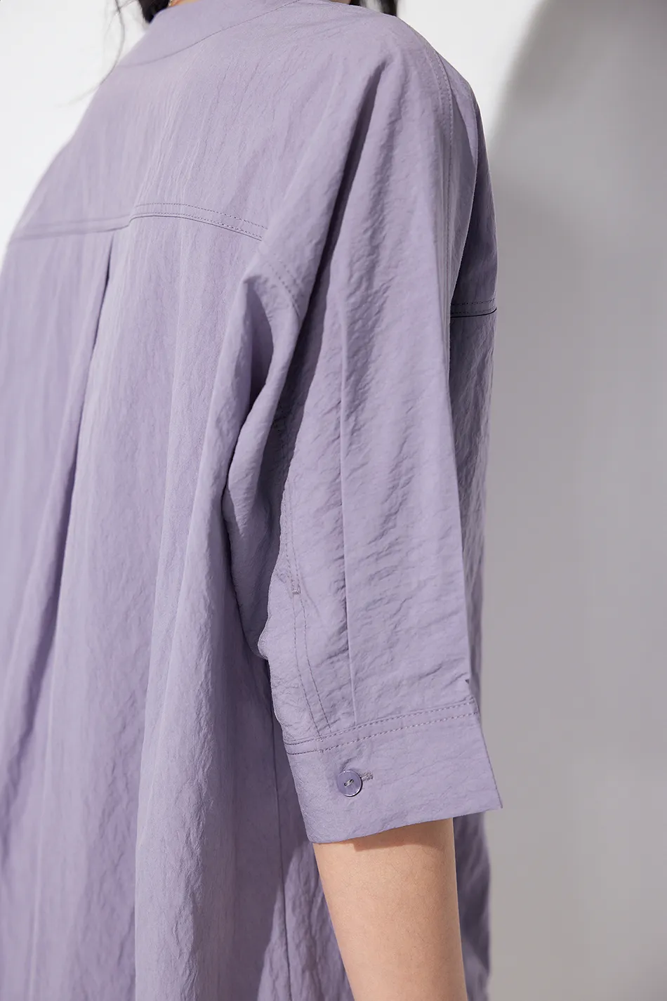 Loose Fit Collarless V Neck T Shirt with Concealed Button Placket
