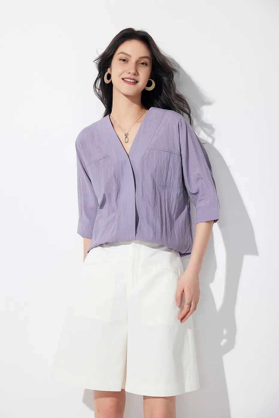 Loose Fit Collarless V Neck T Shirt with Concealed Button Placket