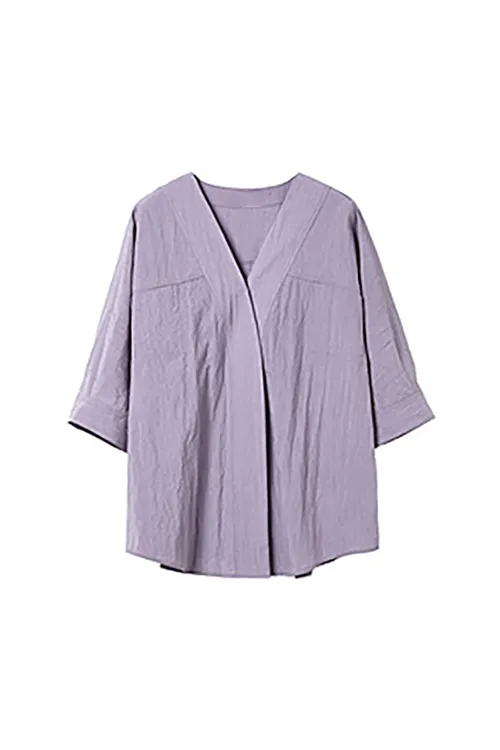 Loose Fit Collarless V Neck T Shirt with Concealed Button Placket