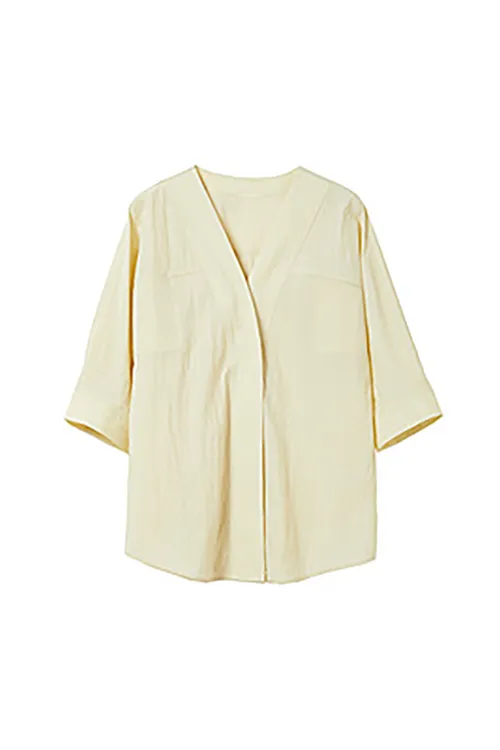 Loose Fit Collarless V Neck T Shirt with Concealed Button Placket